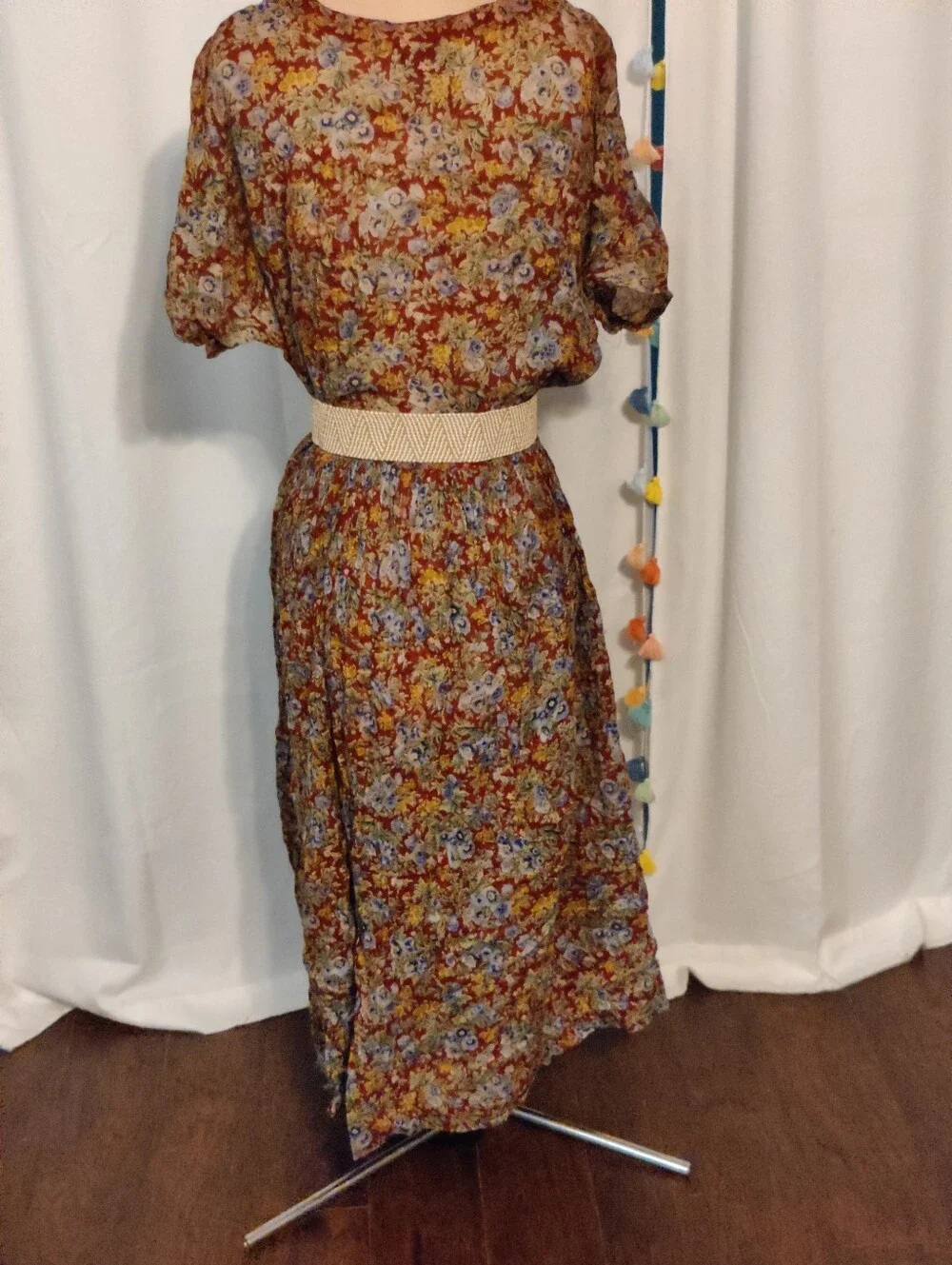 Vintage India Gauze Floral Paperthin Colorblock Maxi Dress Layering Piece LG_5